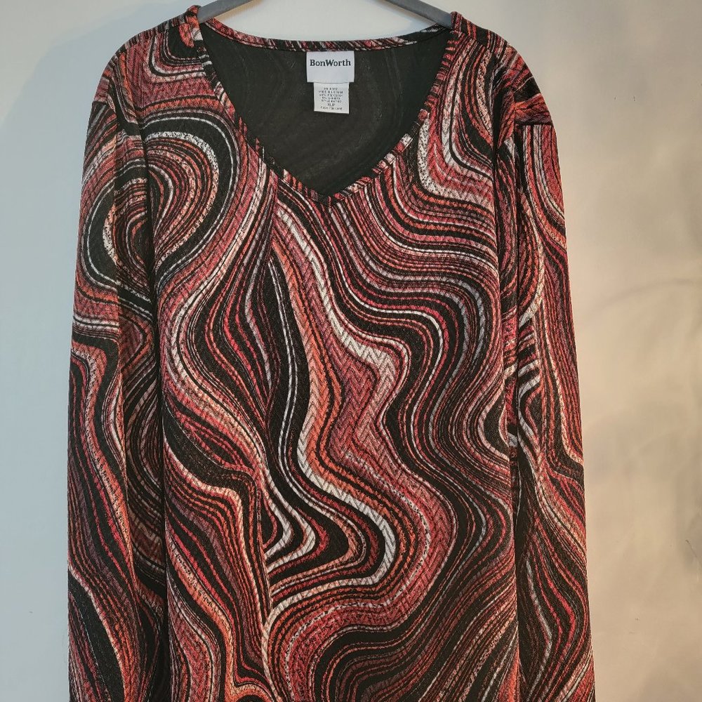 BonWorth Abstract Print Lpng Sleeve V-Neck Blouse, Size XLP, New with Tags